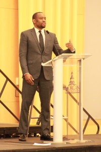 Marc Lamont Hill speaks to the audience of the SGA's Black History Month Lecture. Photo by Terry Wright