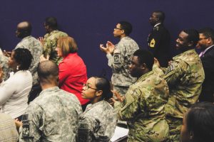 Members of the Morgan State University/Coppin State University Army ROTC listen to words from Retired Col. Charles McGee. Photo by Maliik Obee.