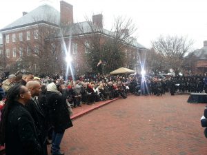 Inauguration crowds watching in the snow