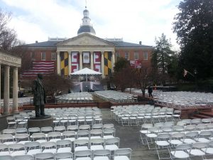 All that is missing are the dignitaries; the courtyard in Annapolis is readied for the inauguration