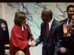 Chief Judge Mary Ellen Barbera congratulates Lt. Gov. Boyd Rutherford after administering the oath of office.