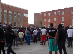 Protesters gathered outside of the Western District Police State on April 20.