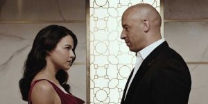 Letty (Michelle Rodriguez) and Dom (Vin Diesel) share a tender moment.