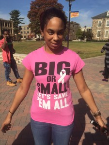 Dominique Brown wearing a "Big or Small, Save 'Em All" shirt at yesterday's walk. Photo by Maliik Obee