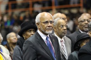 Members of the Morgan State College Civil Rights Pioneers listen as President David Wilson awards them Honorary Doctorate degrees in Law. Photo by Benjamin McKnight III