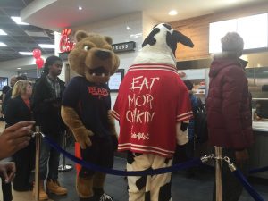 Benny the Bear and the Chicken the Chick-Fil-A cow were present at the opening of Chick-Fil-A in the University Student Center Food Court. Photo by Benjamin McKnight III