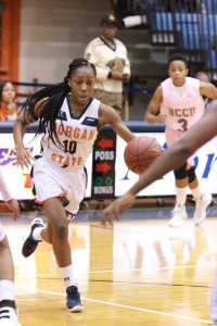 Junior guard Benedicta Makakala drives the ball up the court against North Carolina Central University. Photo by Terry Wright.