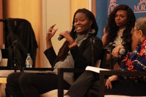 Morgan professor Lorece Edwards addresses a topic given by Paul Archibald during the Black History Month Lecture. Photo by Terry Wright