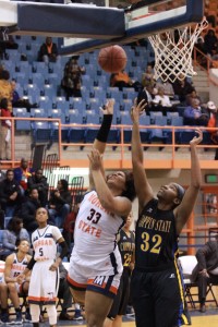 Sophomore Lexus Spears fights for a layup against Coppin State University on Monday night. Photo by Terry Wright.