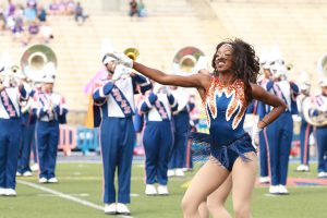 The Morgan Foxies dance with the Magnificent Marching Machine during the halftime show against Holy Cross. Photo by Terry Wright.