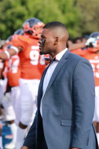 Mr. Morgan State University, Andrew Mitchell, looks on supporting the football team against Holy Cross. Photo by Terry Wright.