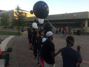 Morgan State gathers in the middle of the academic quad for balloon launch. Photo credit: Terrance Smith