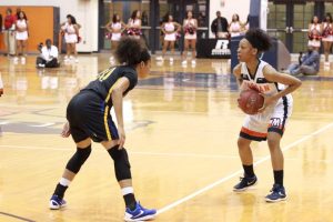 Senior Ivy Harrington prepares to make a move in last season's home contest against Coppin State University. Photo by Terry Wright