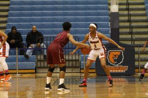 Freshman guard Jihayah Chavis defends the basket against the visiting NCCU Lady Eagles in a 44-42 win. Photo by Wyman Jones.