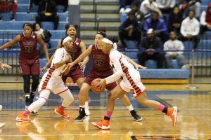 Senior guard Ivy Harrington makes a move the visiting NCCU Lady Eagles defense in a 44-42 win. Photo by Wyman Jones.