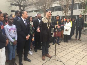 Morgan State University student Chinedu Nwokeafor, flanked by students from the schools within the HBCU coalition, speaking on the site of Tuesday's hearing. Photo by Devon Ashby