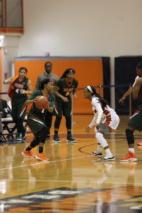 Farrar squaring up on defense in a game earlier this season against Florida A&M University.