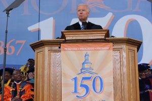 Former Vice President Joseph R. Biden looks out the graduates of Spring 2017 as he delivers moving speech. Photo Credit: Wyman Jones, Visuals Editor